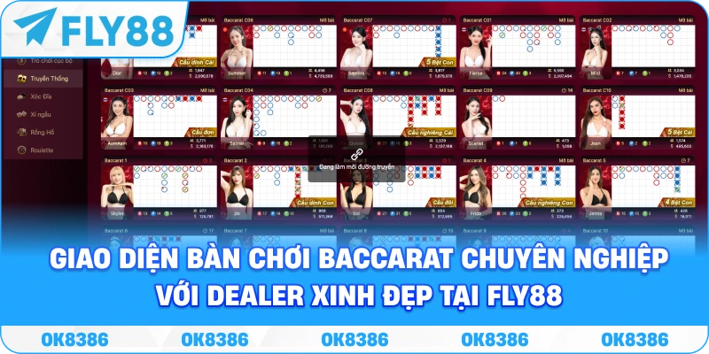 Giao diện bàn chơi Baccarat chuyên nghiệp với Dealer xinh đẹp tại Fly88.