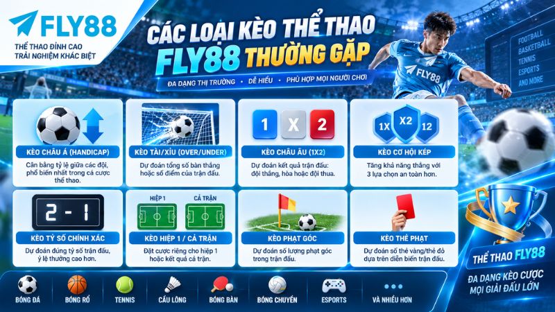 Các loại kèo thể thao FLY88 gồm kèo châu Á, châu Âu, tài xỉu, tỷ số và phạt góc