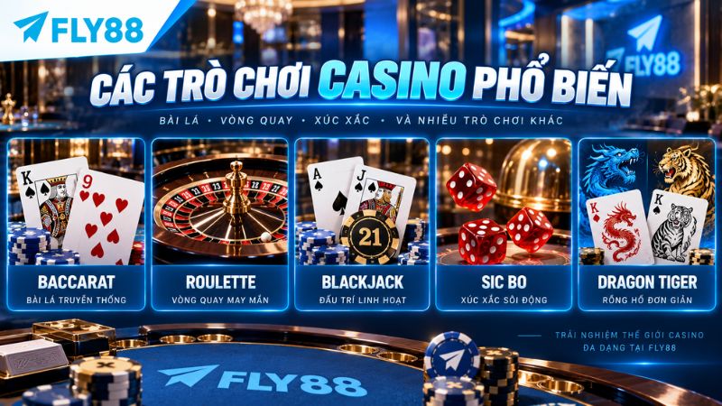 Các trò chơi casino phổ biến FLY88 gồm Baccarat, Roulette, Blackjack, Sic Bo và Dragon Tiger