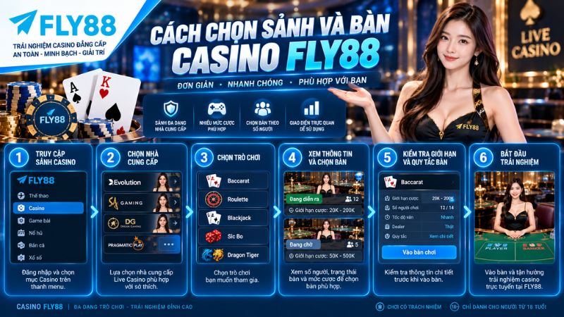 Hướng dẫn 6 bước chọn sảnh và bàn Casino FLY88 theo trò chơi, giới hạn cược và trạng thái bàn